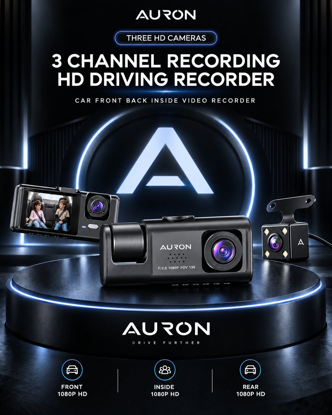 AURON RoadGuard 3™ — 3-Camera Dash Cam + 64GB Memory Card