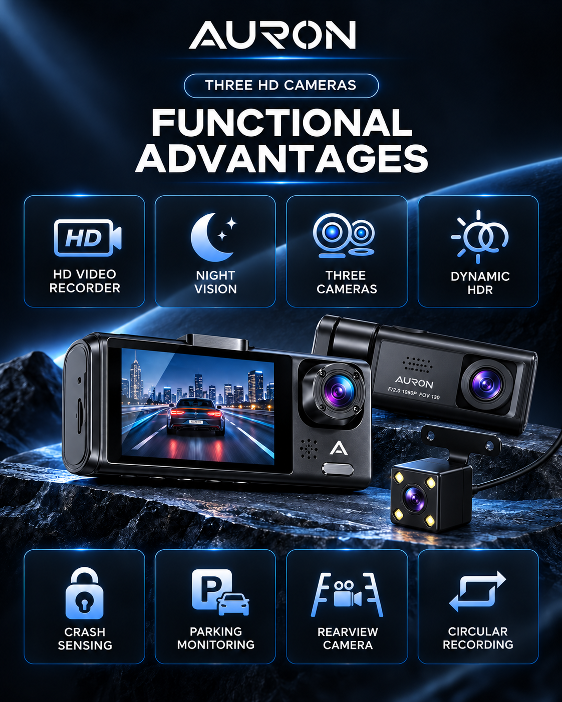 AURON RoadGuard 3™ — 3-Camera Dash Cam + 64GB Memory Card
